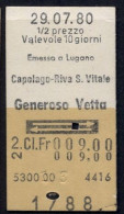 29/07/80 , EMESSO A LUGANO , CAPOLAGO - RIVA S. VITALE , GENEROSO VETT , TICKET DE FERROCARRIL , TREN , TRAIN , RAILWAYS - Europa