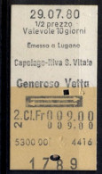 29/07/80 , EMESSO A LUGANO , CAPOLAGO - RIVA S. VITALE , TICKET DE FERROCARRIL , TREN , TRAIN , RAILWAYS - Europe
