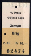 05/08/80 , ZERMATT - BRIG , TICKET DE FERROCARRIL , TREN , TRAIN , RAILWAYS - Europe