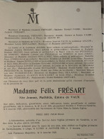 Madame Felix Fresart Nee De Vaux Jeanne *1854 Aiseaux +1925 Fraiture-Nandrin Liege Fabri Sepulchre Goffart - Todesanzeige