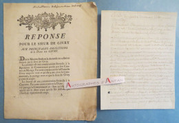● 1767 Réponse Pour Le Sieur De GIVRY Aux Principales Objections De La Dame De GIVRY - Imprimé + Manuscrit Ancien Régime - Historical Documents