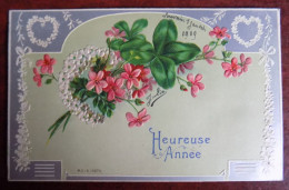 Cpa Heureuse Année Trèfle Fleurs Relief Art Nouveau Louvain 1909 - Nieuwjaar