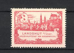 Reklamemarke Landshut, Kreishauptstadt Niederbayern, Wappen Und Stadtansicht, Rot  - Erinofilia