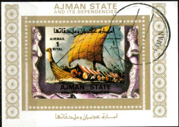 (!) AJMAN, UNITED ARAB EMIRATES 1973 Sailing SHIP BLOCK CTO - Airships