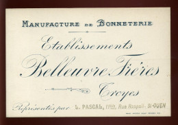 CARTE DE VISITE - TROYES - MANUFACTURE DE BONNETERIE ETS BELLEUVRE FRERES - Cartes De Visite