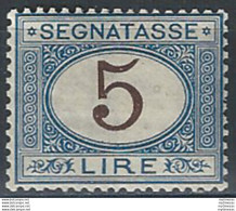 1874 Italia Segnatasse Lire 5 Azzurro Bruno Bc MNH Sassone N. 13 - Altri & Non Classificati