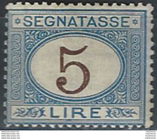 1874 Italia Segnatasse Lire 5 Azzurro Bruno Mc MNH Sassone N. 13 - Andere & Zonder Classificatie