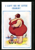 Künstler-AK Donald McGill: I Can`t See My Little Charlie!, Dicke Frau Im Badeanzug Und Junge Am Strand  - Mc Gill, Donald