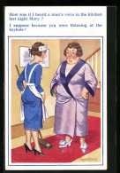 Künstler-AK Donald McGill: How Was It I Heard A Man`s Voice..., Hausherrin Unterhält Sich Mit Dem Dienstmädchen  - Mc Gill, Donald