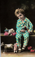 Children Boy With Toys Trumpet Rabbit Whirligig Vintage Original Postcard Real Photo Made In France - Portretten