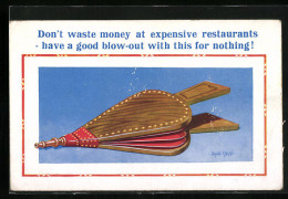 Künstler-AK Donald McGill: Don`t Waste Money At Expensive Restaurants..., Blasebalg  - Mc Gill, Donald