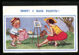 Künstler-AK Donald McGill: Idiot! I Said Paints!!, Schimpfende Malerin  - Mc Gill, Donald