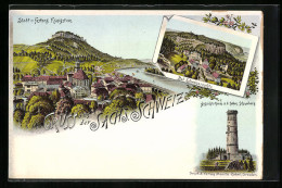 Lithographie Königstein /Sächs. Schweiz, Stadt Und Festung, Bad Schweizermühle  - Autres & Non Classés