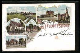 Lithographie Friedersdorf, Kirche, Bahnhof, Schule, Oberförsterei, Pfarrhaus  - Friedersdorf