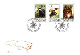 LIECHTENSTEIN MI-NR. 1066-1068 FDC DACHS MARDER ROTFUCHS JAGDWESEN 1993 - Selvaggina