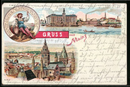 Lithographie Mainz, Teilansicht Mit Kirche, Hafen, Mann Mit Weinglas  - Mainz