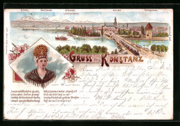 Lithographie Konstanz, Panorama Mit Brücke Und Rheinthorturm, Konstanzerin Mit Haube  - Konstanz