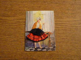 Carte Brodée "Le Dentellière" - Jeune Fille Costume Brodé/Tissu- 10,2x14,4cm Env. - Borduurwerk