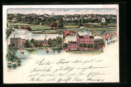 Lithographie Reinbek, Panorama, Schlossteich, St. Adolfs-Stift  - Reinbek