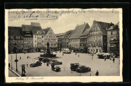 AK Freiberg /Sa., Obermarkt Mit Bunnen Und Droschken  - Freiberg (Sachsen)