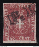 1860 TOSCANA, N° 21a 40 Cent. Carminio Scarlatto USATO Firma Bolaffi/AD - Tuscany