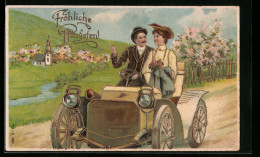 Lithographie Verliebtes Paar Beim Autofahren, Pfingstgruss  - Toerisme
