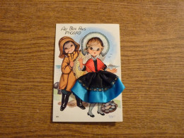 Carte Brodée "Au Bon Pays Picard" -Jeune Couple - Jeune Fille Costume Brodé/Tissu- 10x15cm Env. - Bestickt