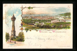 Lithographie Würzburg, Franken-Warte Und Gesamtansicht  - Wuerzburg