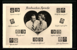 AK Briefmarkensprache, Briefmarken Des Deutschen Reiches Und Deren Bedeutung, Liebespaar In Einem Herz  - Sellos (representaciones)