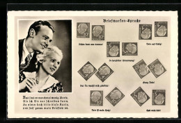 AK Briefmarkensprache, Dein Ist Mein Herz, Ganz Dein!, Dein Auf Ewig!, Liebespaar  - Briefmarken (Abbildungen)