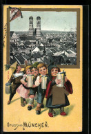 Präge-AK München, Ortspartie, Münchner Kindl Und Weitere Kinder Mit Krügen, Flugdrache  - Sonstige & Ohne Zuordnung