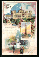Lithographie Berlin, Reichstagsgebäude, Siegessäule, Gruppe In Der Siegesallee  - Tiergarten