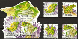 VANUATU 2011 FAUNA FROGS GREEN AND GOLDEN BELL FROG COMPLETE SET WITH ODD SHAPE MINIATURE SHEET MS MNH - Ranas