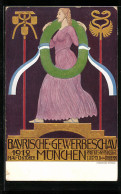 Künstler-AK Carl Moos: München, Bayrische-Gewerbeschau 1912, Maid Im Lila Kleid, Hermesstab  - Tentoonstellingen