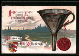 Lithographie Nürnberg, Panorama Der Stadt, Nürnberger Trichter Mit Siegel, Wappen  - Nürnberg