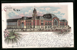 Lithographie Kiel, Neuer Bahnhof Mit Belebter Strasse  - Kiel