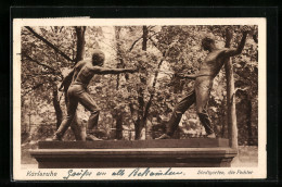 AK Karlsruhe, Stadtgarten, Statue Die Fechter  - Karlsruhe