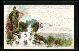 Lithographie Berlin-Kreuzberg, Wasserfall Im Victoriapark Mit Berolina  - Kreuzberg