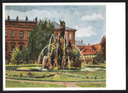 Künstler-AK Erlangen, Hugenottenbrunnen M. Markgrafenschloss  - Erlangen