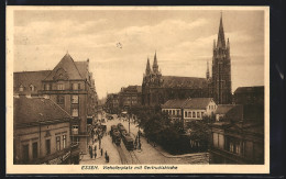 AK Essen, Viehoferplatz Mit Gertrudiskirche Und Strassenbahn  - Strassenbahnen