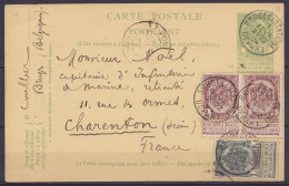 EP CP 5c Vert (type N°56) + Paire N°55 + N°54 Càd "BRUGES (STATION) /1 FEVR 1904/ DEPART" Pour Officier De Marine à CHAR - Tarjetas 1871-1909