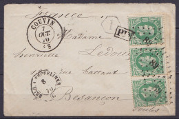 Env. Affr. Bande De 3 N°30 Lpts "89" Càd COUVIN /7 OCT. 1870 Pour BESANCON - Boîte Auxiliaire "I" - [PD] - Càd Bureau D' - 1869-1883 Leopold II