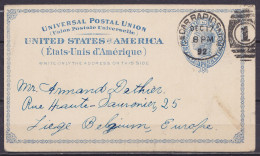 USA - EP CP Liberty 2c Bleu Càd CEDAR RAPIDS /DEC 17 1892 Pour LIEGE (au Dos: Càd Arrivée LIEGE /30 DEC 1892) - Otros & Sin Clasificación