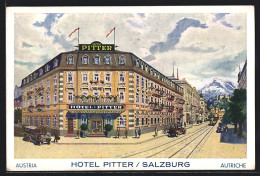 AK Salzburg, Hotel Pitter, Autos Und Strassenbahn  - Otros & Sin Clasificación