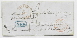 BELGIQUE LETTRE COVER CACHET ROUGE ANVERS 1841 POUR MONTBELIARD DOUBS FRANCE + EN BLEU R4R TAXE 12 - 1830-1849 (Unabhängiges Belgien)