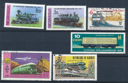 6 Timbres Postes Oblitérés Nicaragua, Tchécoslovaquie, Allemagne Est DDR, Mongolie, Djibouti -  XIII-9 Train Locomotive - Treni