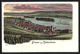 Lithographie Rüdesheim Am Rhein, Orts-Panorama Im Abendlicht, Dampfer Auf Dem Rhein  - Rüdesheim A. Rh.
