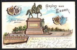 Lithographie Essen / Ruhr, Kaiser Wilhelm I.-Denkmal, Wappen  - Essen