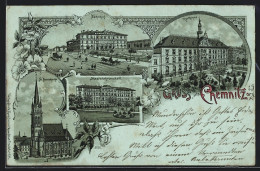 Lithographie Chemnitz, Bahnhof, Rathaus, Staatslehranstalt & St. Nicolaikirche  - Chemnitz