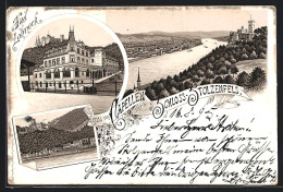 Vorläufer-Lithographie Capellen / Koblenz, 1895, Hotel Lahneck, Schloss-Stolzenfels, Uferpartie  - Koblenz